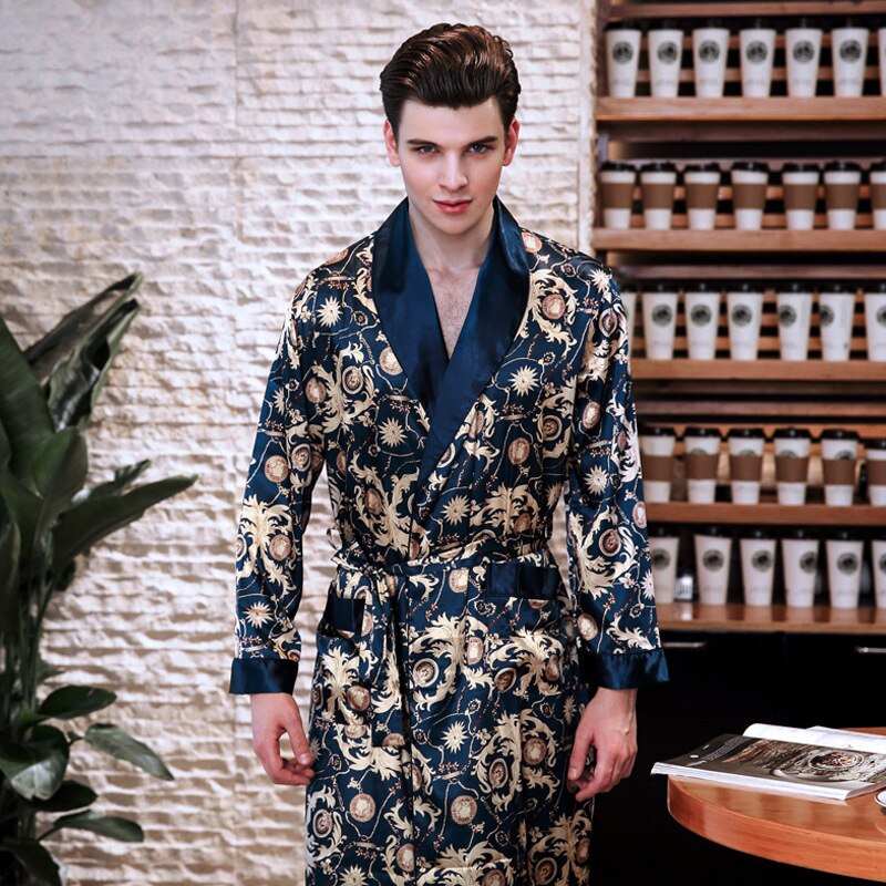 Spring Luxury Silk Dressing Gown Man Satin Long Sleeve Bathrobe Kimono Home Clothes Sleepwear Bath Robe: Blue / L