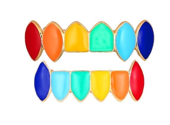 6ix9ine Rainbow Hip Hop Colorful 69 Oil Gold Dent Teeth Grillz Top and Bottom Set With Free Silicone Box Caps Packing: gold set