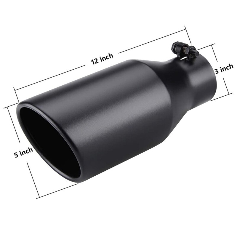 Exhaust Tip 3 Inch Inlet 5 Inch Outlet 12 Inch Overall Length Bolt on Stainless Steel Black Exhaust Tailpipe