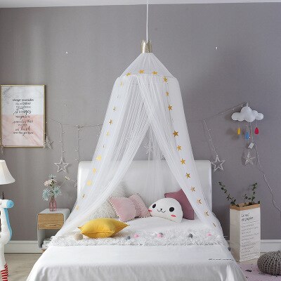 Myggenet med gratis stjerner hængende telt baby seng krybbe baldakin tyl gardiner til soveværelse lege hus telt til børn børneværelse: Hvid