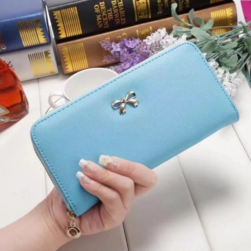 Porte-monnaie en cuir PU, porte-monnaie à grande capacité, solide, Long Style, porte-monnaie carte à glissière avec nœud papillon: Bleu ciel