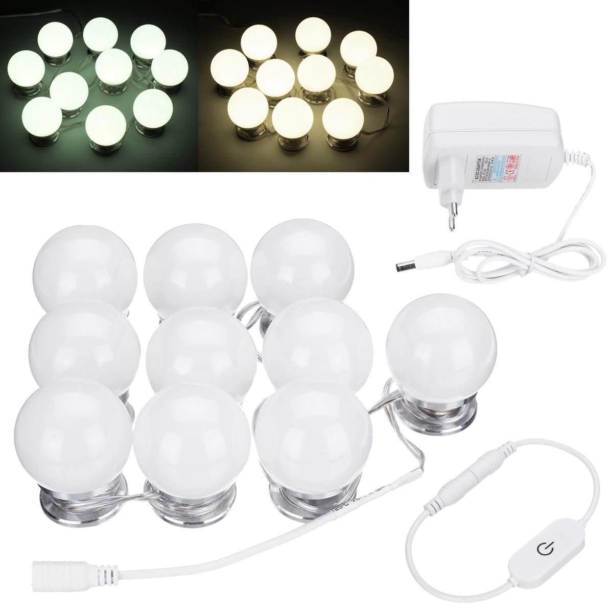 10 stuks 12v led-lampen voor make-upspiegels in hollywood-stijl, dimbaar voor wandlampen voor kaptafelspiegels