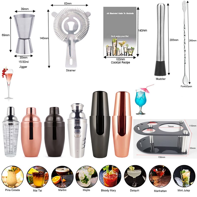 Stainless Steel Cocktail Shaker Set 550/750ml With 15/30ml Measuring Cup Jigger Kit Wine Spoon Strainer Muddler Bar Tools