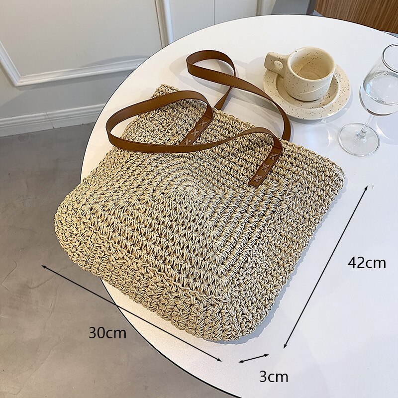 Vierkante Stro Strandtas Handgemaakte Geweven Schoudertas Vrouwen Raffia Shopper Reistas Bohemian Zomervakantie Casual Handtas Totes: a-beige