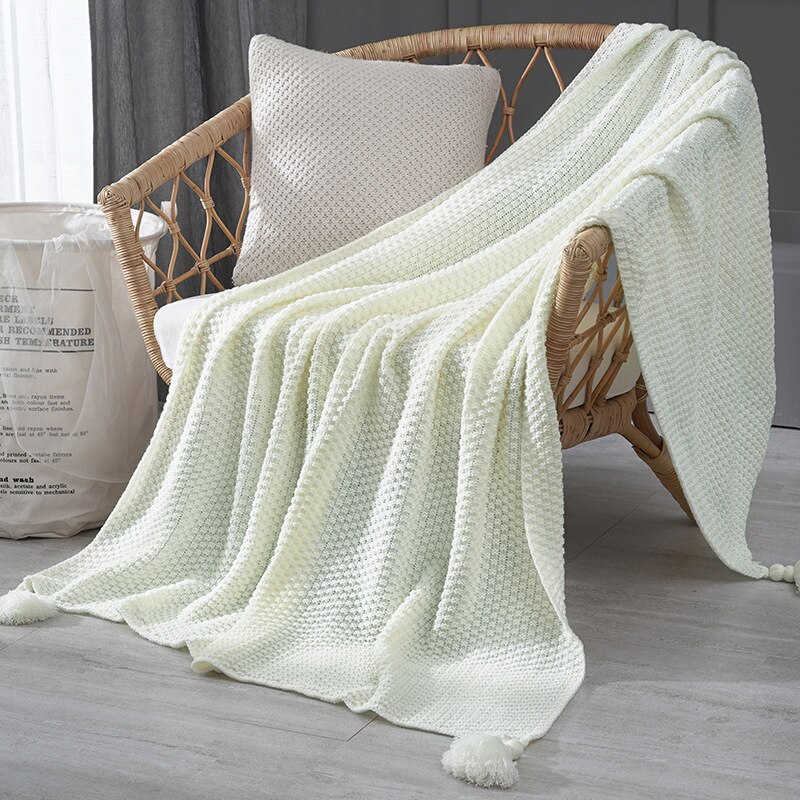 Nordic Thread Blanket with Tassel Solid Beige Grey Throw Blanket for Bed Sofa Home Textile Cape Knitted Wool Blanket: White / 120x150cm
