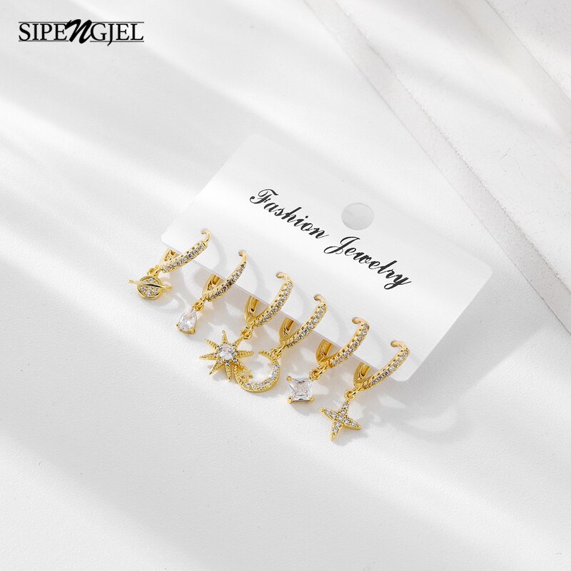 SIPENGJEL orecchini a cerchio in cristallo di zircone lucido di moda Set orecchini pendenti a forma di stella geometrica per gioielli da donna 2021