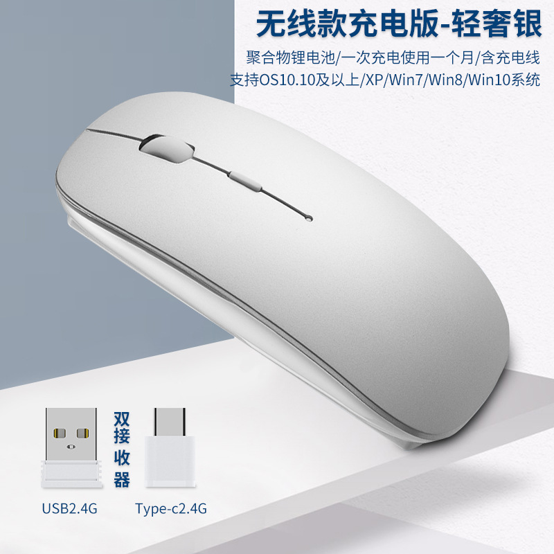 Charging Type-c Wireless Mouse +USB Dual Receiver Mute Ergonomic 1000/1200/1600 Three-speed DPI: Silver