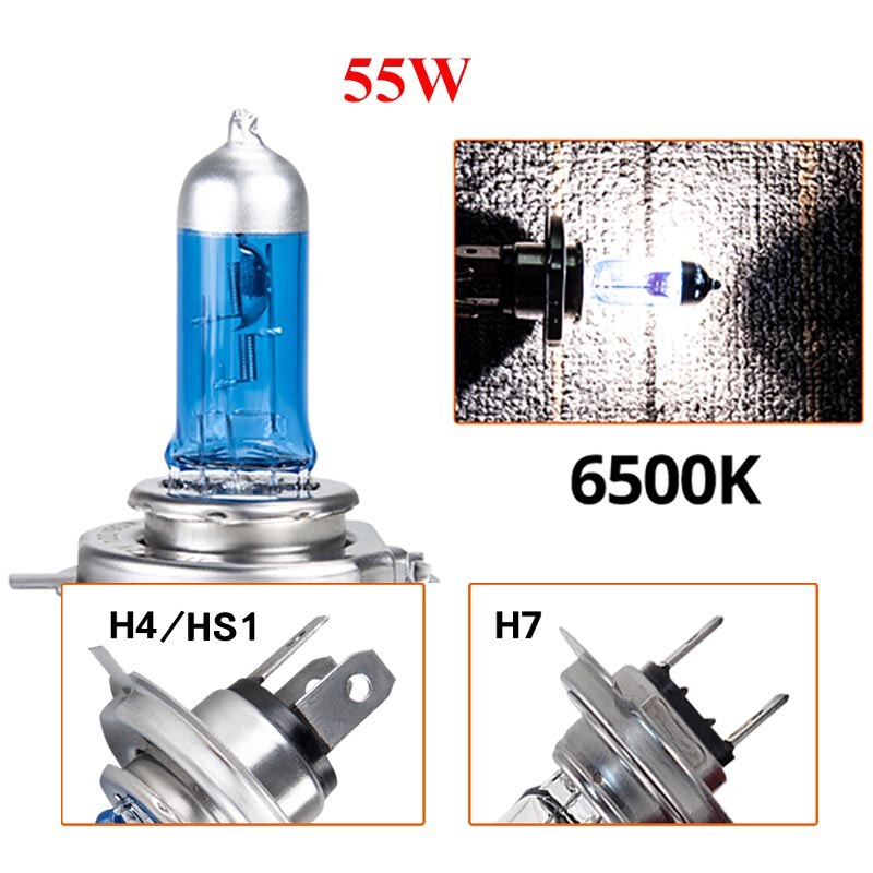 Ampoule de phare de moto halogène H4 H7 HS1 12V 55W 100W 6500K, lampe de moteur en verre de Quartz blanc: H4 / 6500k 55w