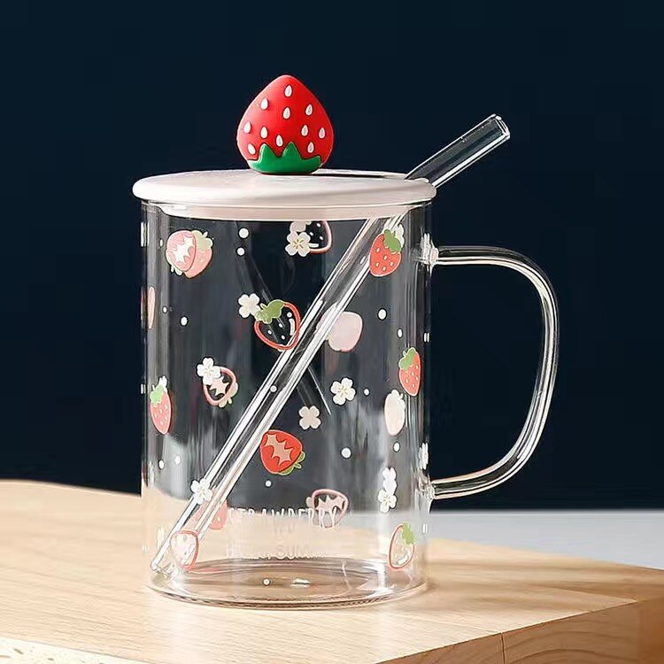 500ml glas vattenkopp mugg kontor kaffekopp hem vinglas söt frukt tryck silikon kopp lock #39 kopp porslin: Kopp lock sugrör 4