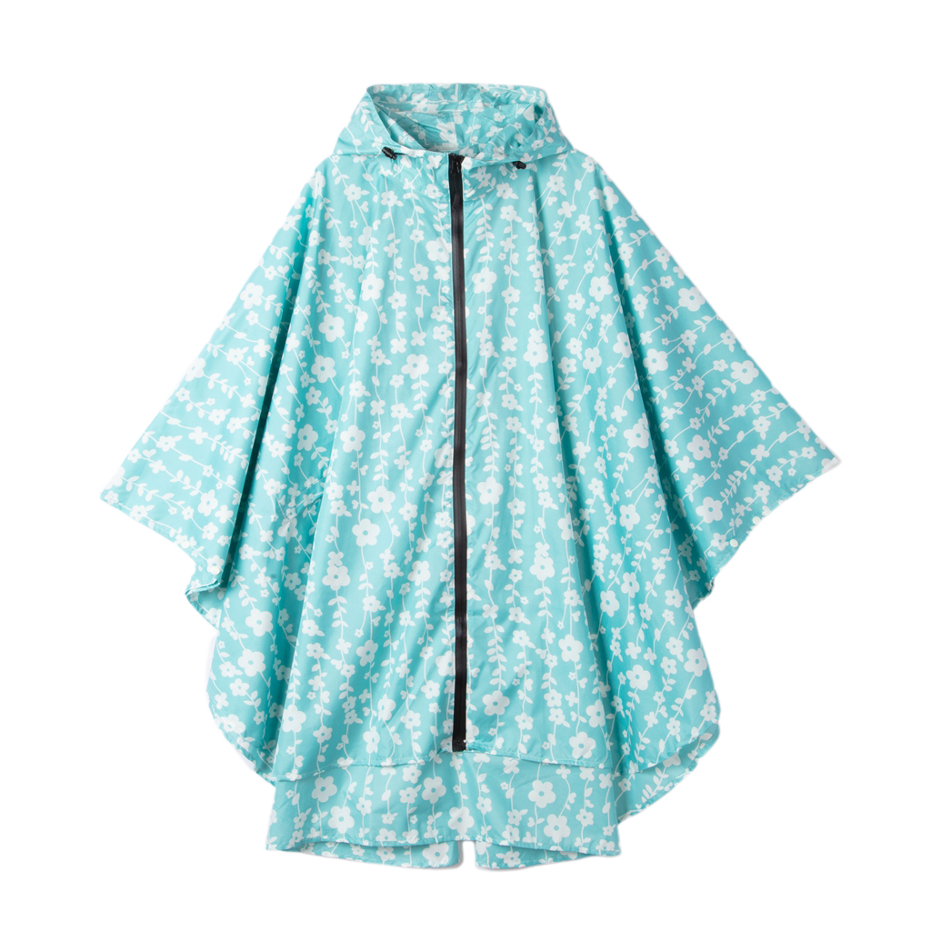 Women Men Flower Printed Raincoat Poncho Hooded Waterproof Jacket: Light Blue