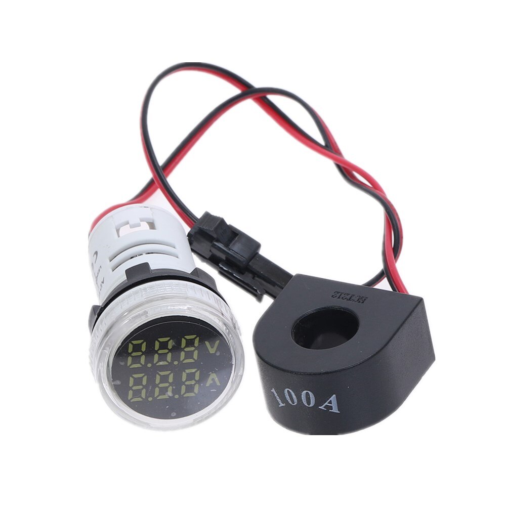 Mini Digitale Voltmeter Amperemeter 22Mm Ronde Ac 50-500V 0-100A Amp Volt Voltage Tester Meter Dual Led indicator Pilot Lamp Licht: WHITE