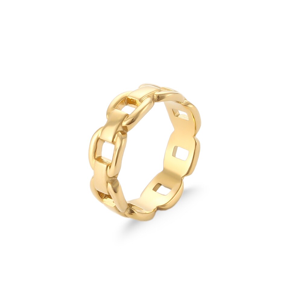 2022 Basic Stainless Steel Waterproof Jewelry Party Ring Ladies Bold Link Chain 18K Gold Rings For Women: 6 / Flat Chain