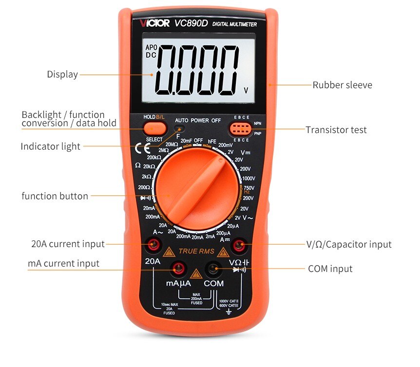 Digital Multimeter True RMS 2000UF Capacitor Multimeter Ammeter VC890C DC/AC 20A Temperature Measurement Tester