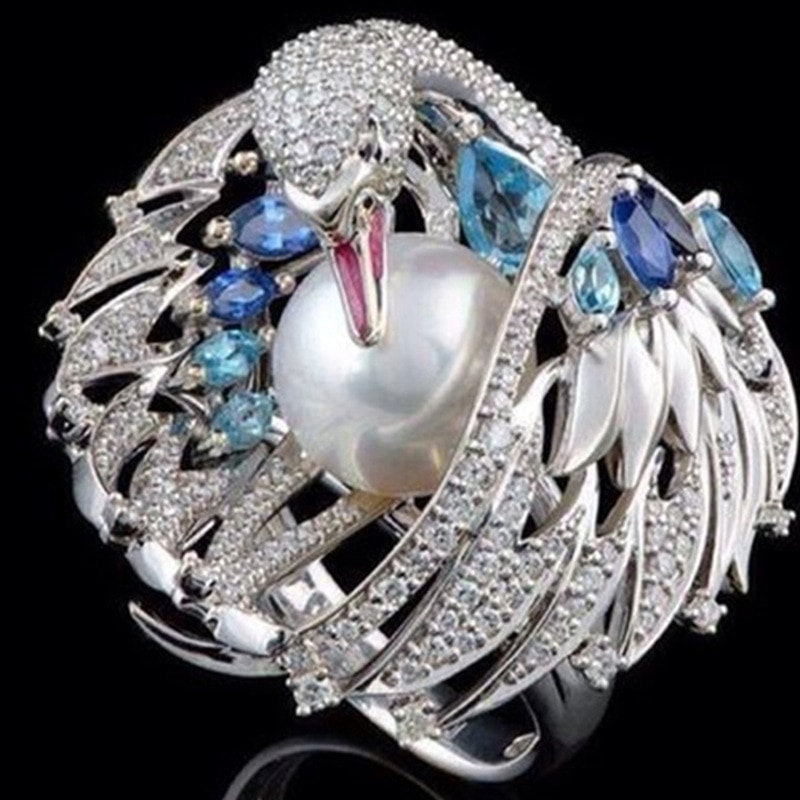 Nuovo Lucido di lusso dell'annata cigno bianco perla anello di cerimonia nuziale Anelli di Fidanzamento per le Donne Della Ragazza Del Regalo Del Partito Femminile Anel bijoux Gioielli