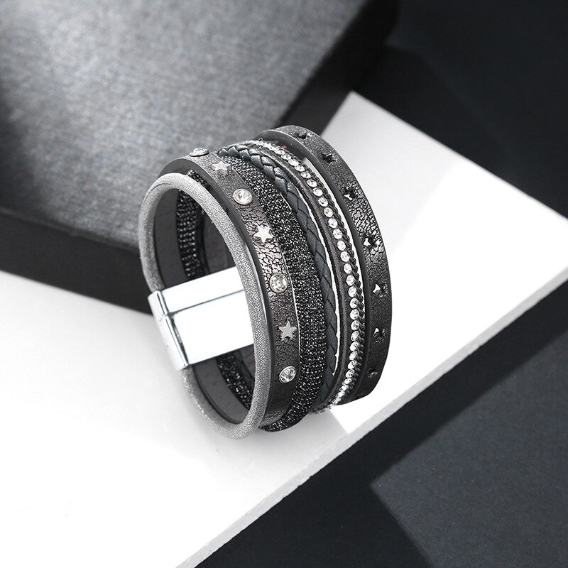 Kirykle Rhinestone Star Charm Leather Bracelets for Women Boho Multilayer Punk Rivet Wide Wrap Bracelet Female Jewelry
