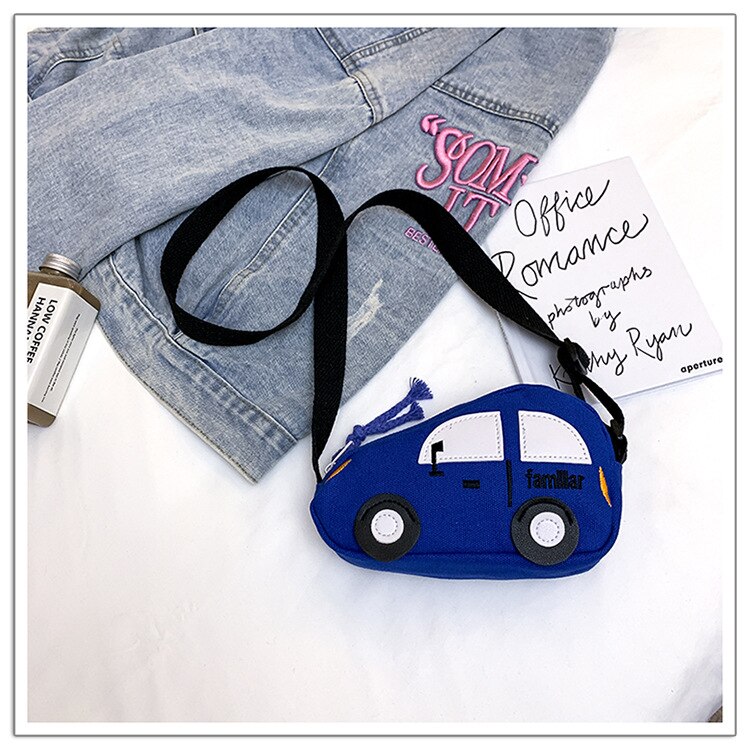 Mini Bag Eccentric Personality Hong Kong Style Girl's Bag Car Canvas Messenger Bag Children's Bag: Blue