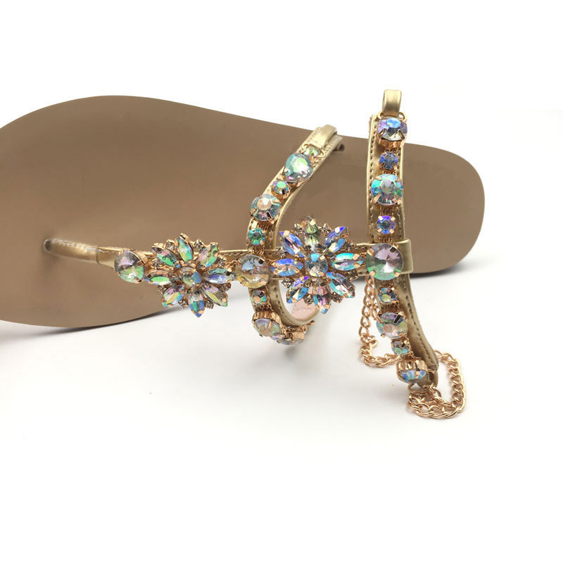Sandalias de mujer zapatos de mujer cadenas de diamantes de imitación Tanga gladiador Sandalias planas zapato de cristal de talla grande 42 tenis Femenino