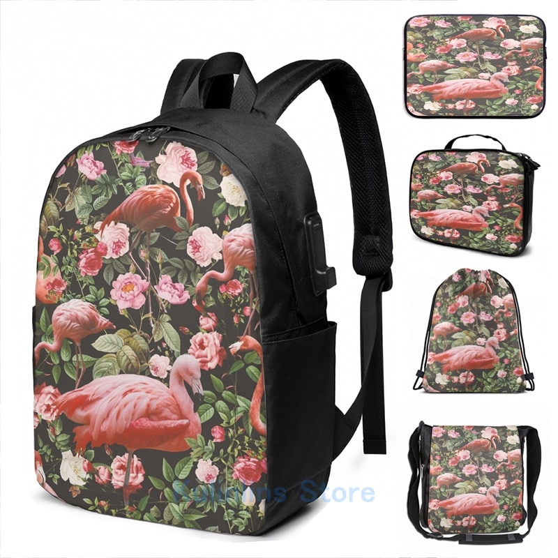 Rucksack mit lustigem grafikprint, blumen- und flamingomuster, usb-ladefunktion, herren-schulrucksack, damen-reiserucksack, laptoptasche
