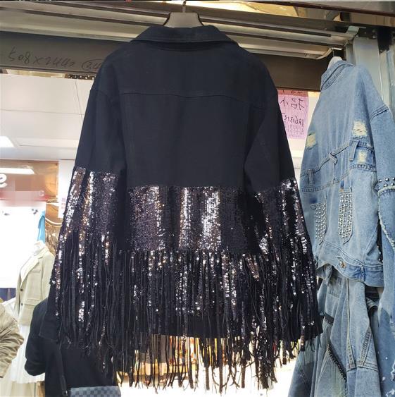 Denim Mantel Frauen Frühling Herbst Neue Single Schnalle Pailletten Quaste Schwarz Weiß Jeans Jacke frauen Grund Denim Jacken