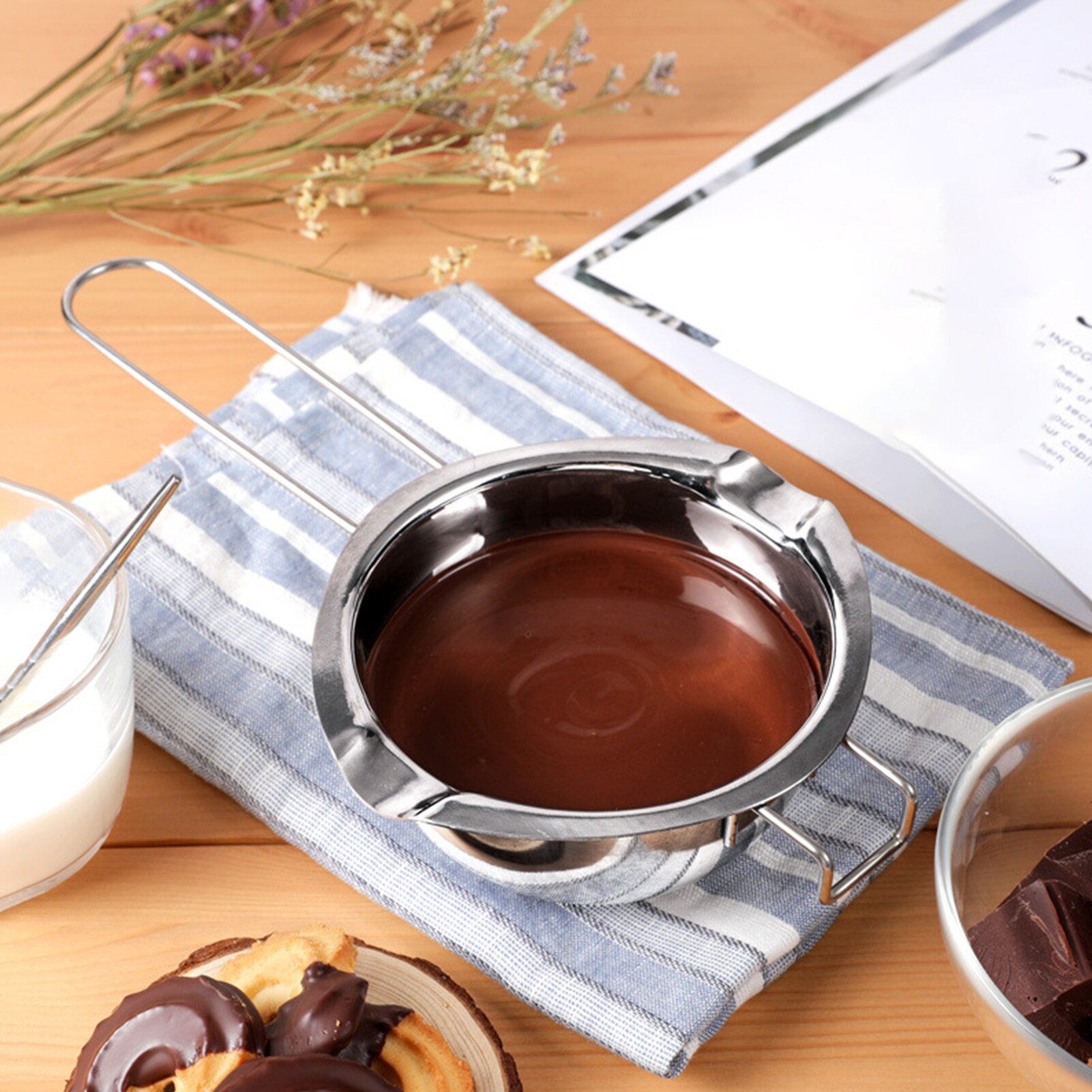 Portable stainless steel chocolate melting pot k, butter cheese fondue, dessert cooking tools, kitchen accessories.