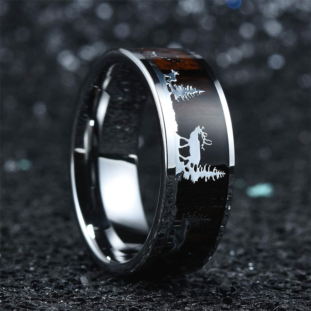 Bague de mariage en bois massif pour Couple, 8mm, en acier inoxydable, incrusté de cerf, bijou d'anniversaire de mariage, pour hommes et femmes,