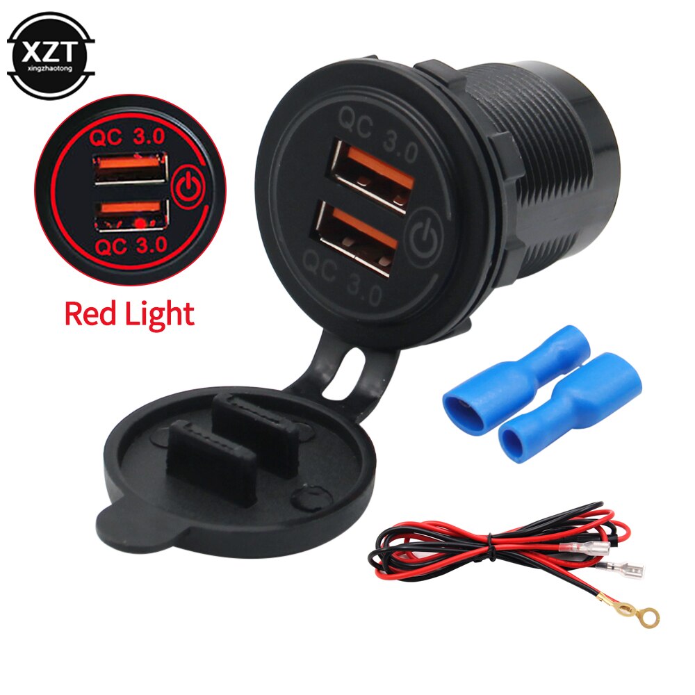 12v/24v 36w qc 3.0 2 usb lader stikkontakt berøringsbryter vanntett universal bil truck lade sokkel for telefon nettbrett kamera gps: Rød  w 1m kabel