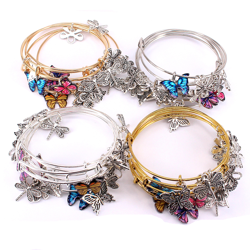 5Pcs Bangle Set Draad Armbanden Voor Vrouwen Meisjes Juwellen Vlinder Dragonfly Boog Bedels Armbanden Manchet Jewlery C044