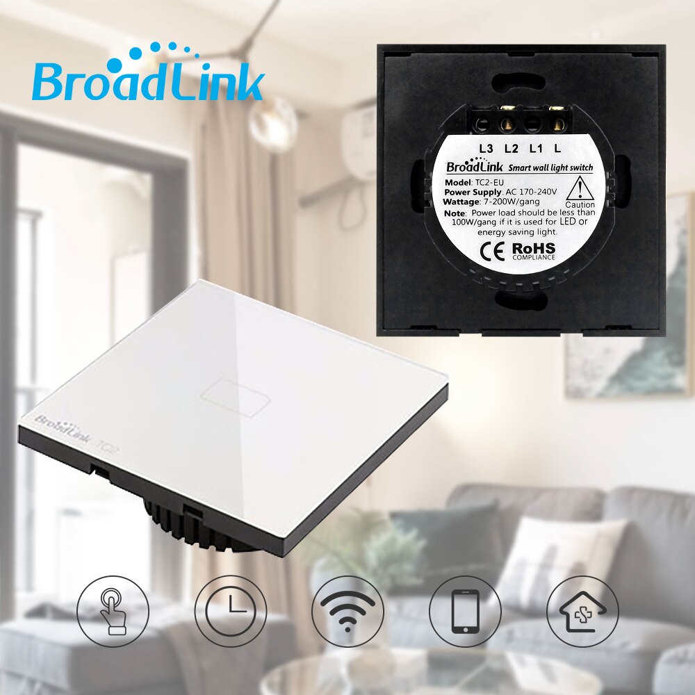 Broadlink interruptor de luz padrão tc2 1/2020, painel branco de design moderno, controle inteligente via rm pro rm4 pro