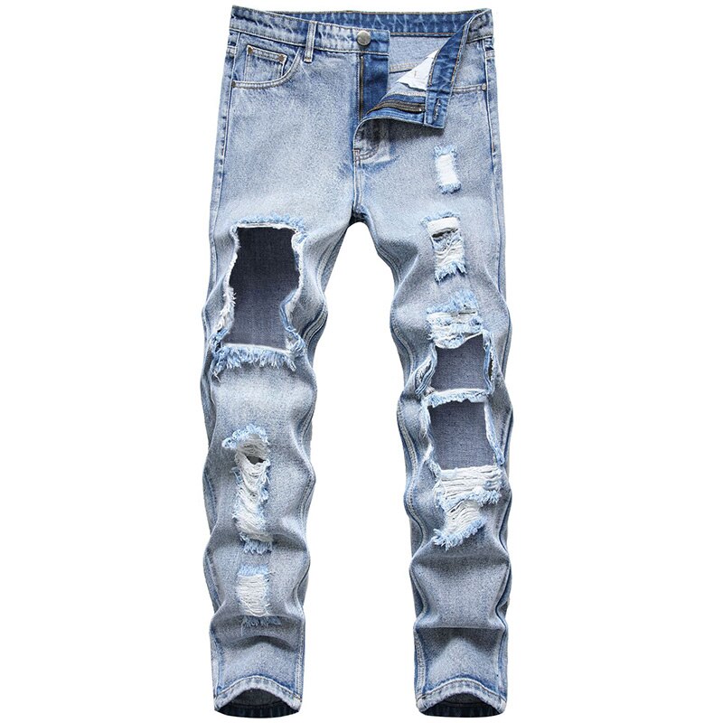 saferido American Street Hip-hop Heavy Industry Ripped Men's Jeans Spring  Straight Loose Vibe Style Skateboard White Flared Pants
