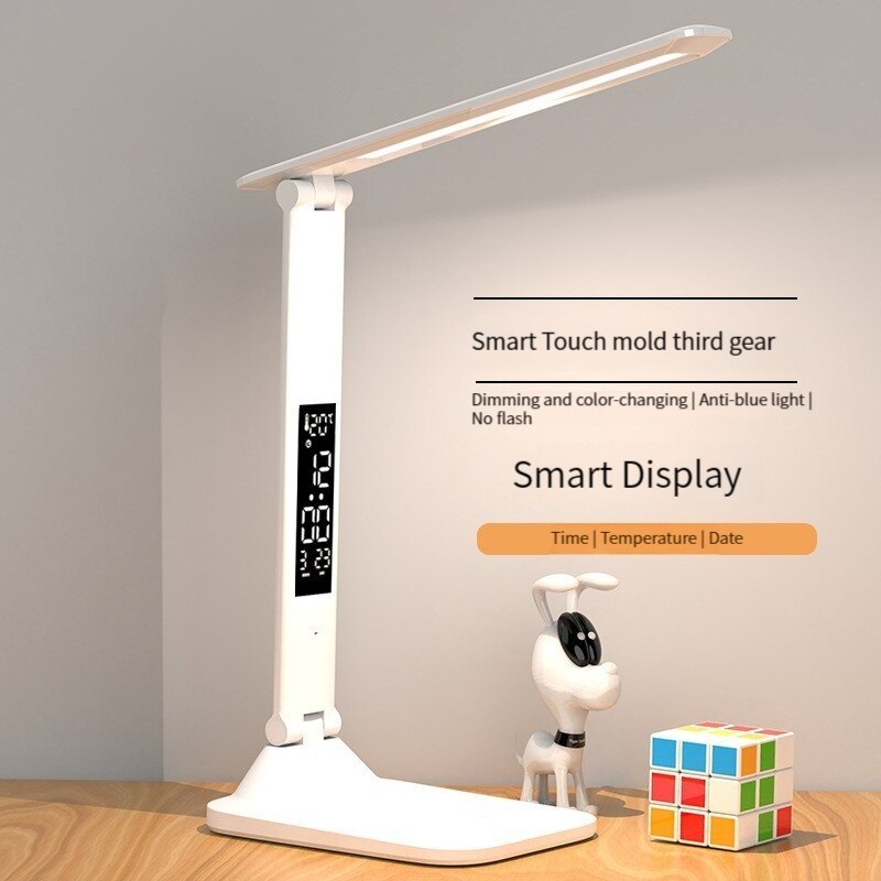 LED Relógio Desk Lamp, USB recarregável, Plug-In, Dimmable Desk Lamp, 180 Rotatable, dobrável proteção para os olhos, Leitura Night Light, 2 cabeças
