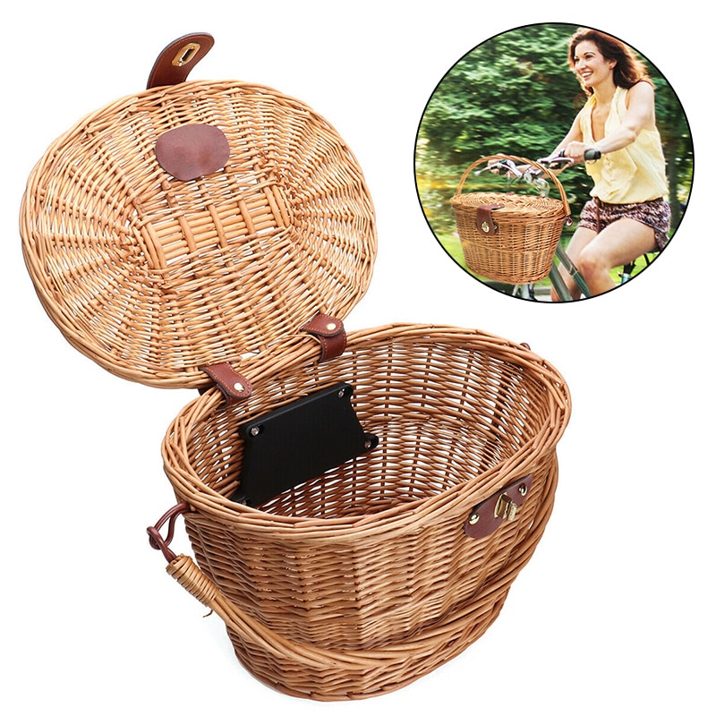 Bicycle Front Basket Wicker MTB Road Bike Basket With Leather Belt Handmade Natural Rattan Bike Storage Basket Cargo Contain