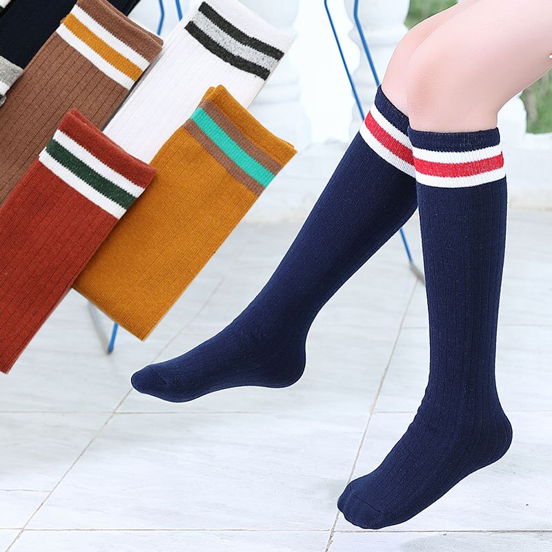 Baby Mädchen Knie Hohe Socken freundlicher Kleinkind Doppel Nadel Baumwolle Sport Socken für freundlicher Mädchen lässig Streifen Lange Socken