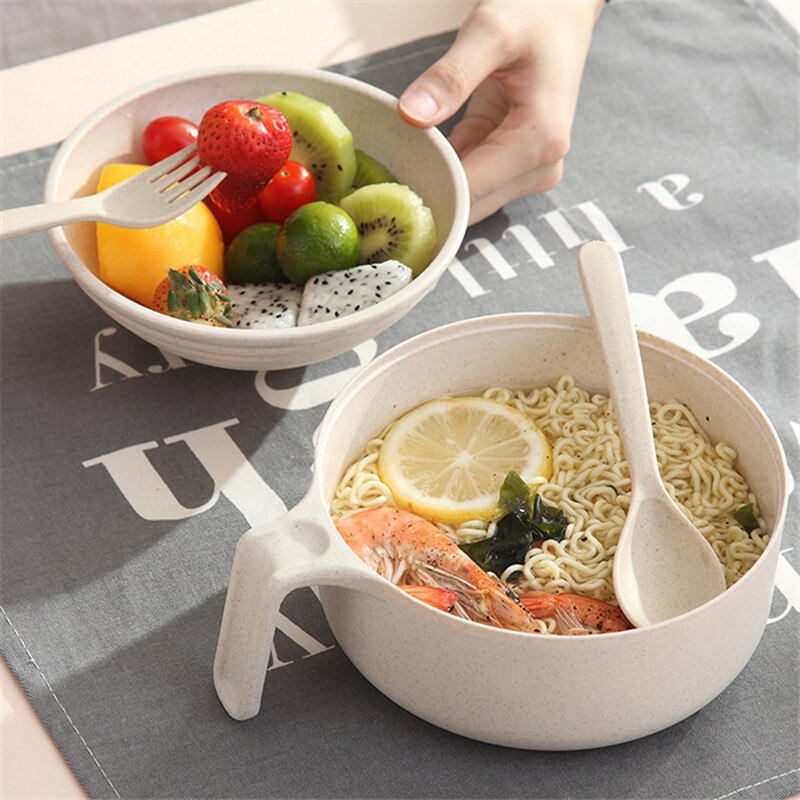 Cuenco de paja de trigo y fideos de estilo japonés, juego de vajilla ecológico con tapa y mango, tazón de sopa, tazón de arroz para ensalada y microondas