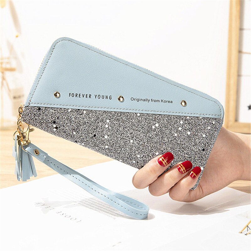 Sequined Patchwork Glitter Wallet for Women Long PU Leather Wallet Coin Purse Female Wallets Girls Wholeale: Blue