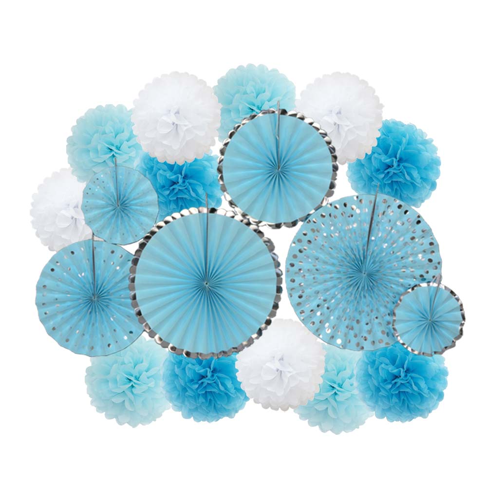 Lente Party Favor Goud Groen Set Vouwen Opknoping Papier Pom Pom Fans Baby Shower Kids Meisje Jongen Verjaardag Decoratie: Silver Blue Set