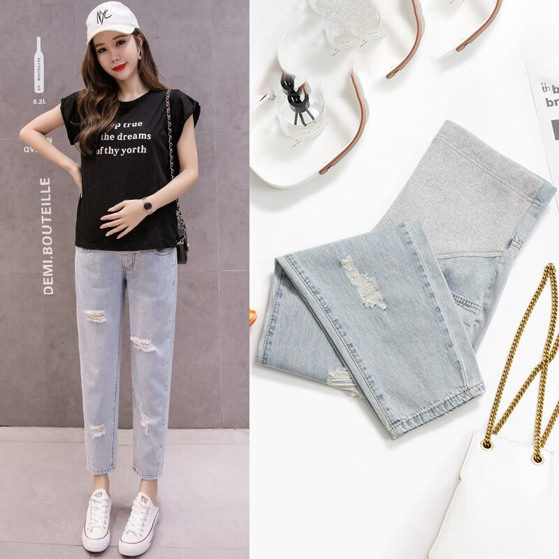 Woman Ripped Jeans Maternity Pants Trousers Nursing Prop Belly Legging pregnancy grossesse pantalon denim pregnant woman plus: 1 / XL
