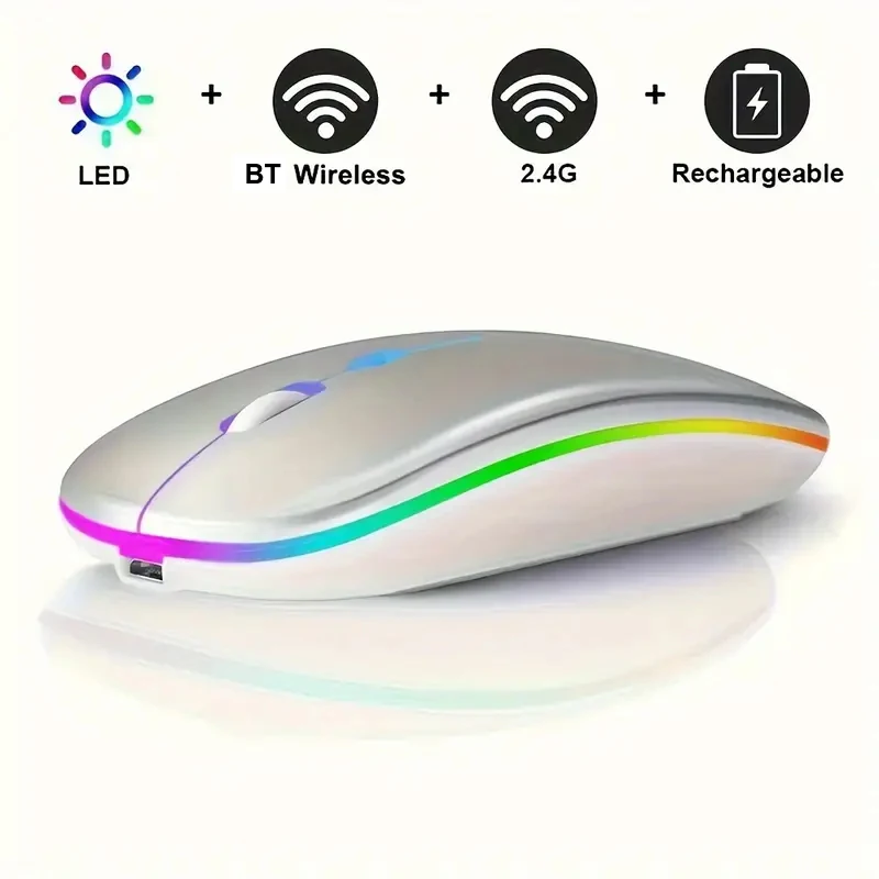 LED Wireless Mouse Bluetooth-compatible 2.4GHz Slim Rechargeable Silent Mice RGB Ergonomic Gaming mouse for Computer Laptop PC: Silver