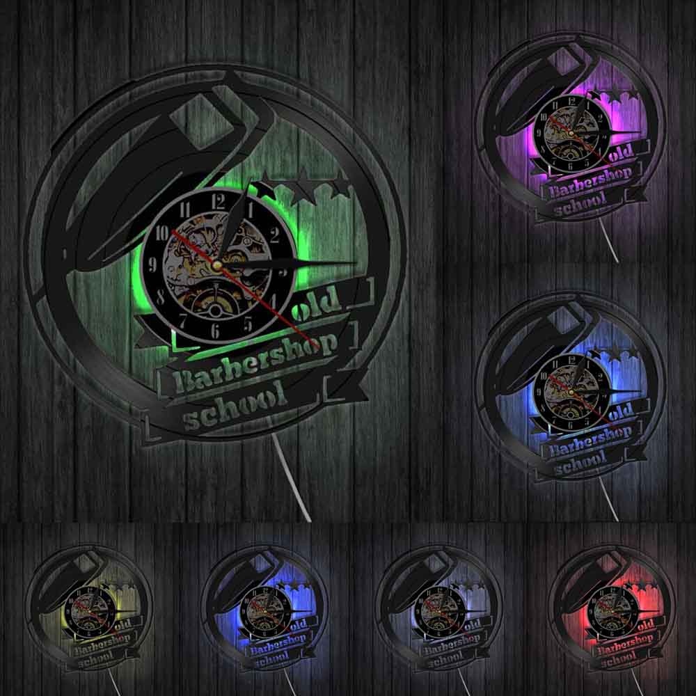 Vintage 12 "vieux Barbershop école vinyle horloge murale LED rétro-éclairage coiffure noir horloge suspendue idée Unique pour salon de coiffure décor: With LED