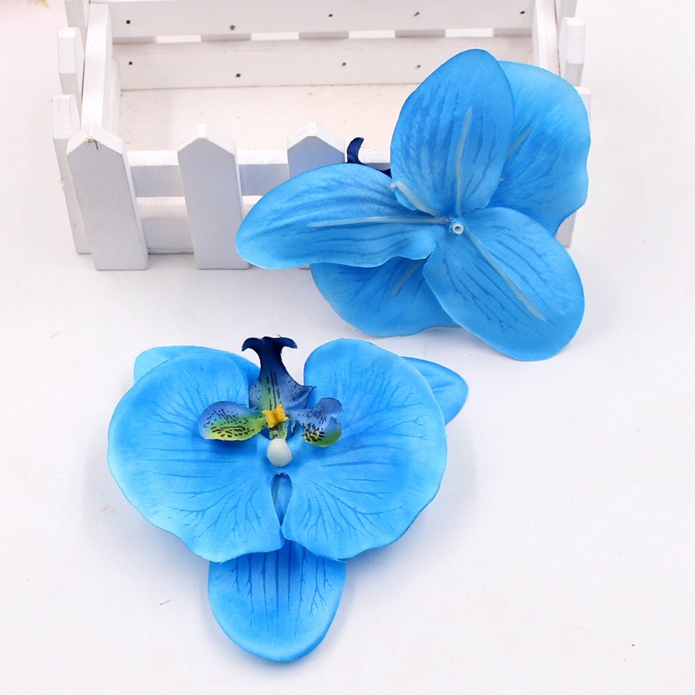 2 stk/parti 10cm store stof sommerfugle orkidé phalaenopsis blomsterhoveder boligdekoration diy multi-brug kunstig blomst: Blå