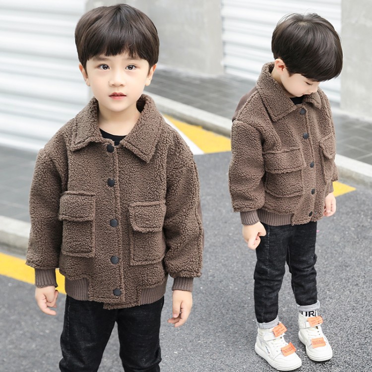 Boys jacket spring and autumn baby plus velvet thickening fur one children's clothing Yangqi lamb hair winter clothing: Brown / 18M