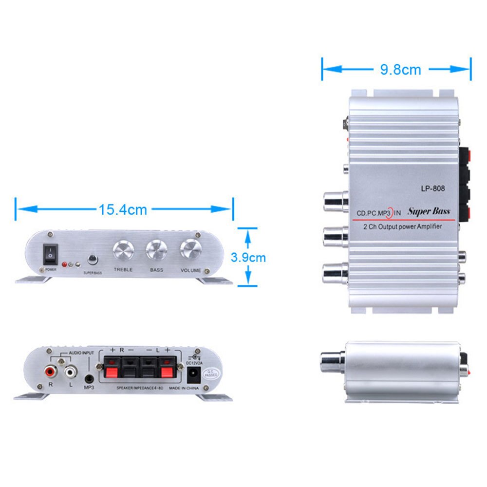 LP-808 Power Car Amplifier MP3 Radio Audio Stereo Bass Speaker Booster Player for Motorbike Home PC DVD CD 12-14.4V 2A Silver