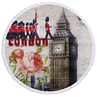 Retro rundt badehåndklæde med kvaster vintage big ben yogatæppe picnicmåtte blomsterbadehåndklæde: D