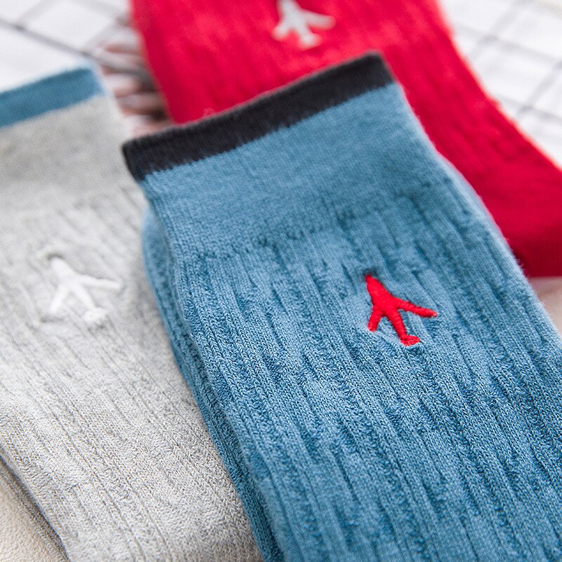 Embroidery Aircraft Airplane Women Men Business Dress Cotton Crew Socks Brand Novelty Funny White