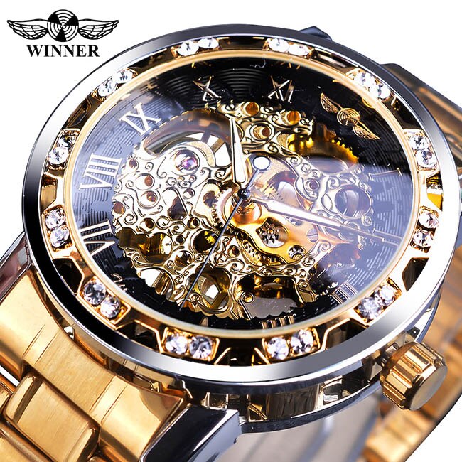 Winnaar Classic Blue Mens Mechanische Horloges Romeinse Zwart Roestvrij Stalen Band Rhinestone Skeleton Hand Wind Bedrijvengids Horloge Klok: S1089-8