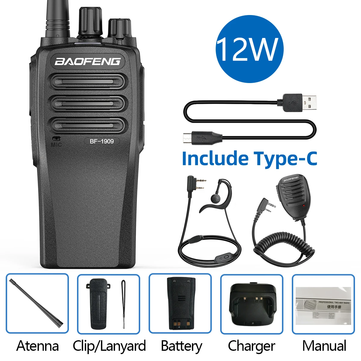 BaoFeng BF 1909 12W High Power Walkie Talkie Long Range Two Way Radio Type C Charging Transmitter Upgrade BF 888S UV 5R UV 82: green / EU