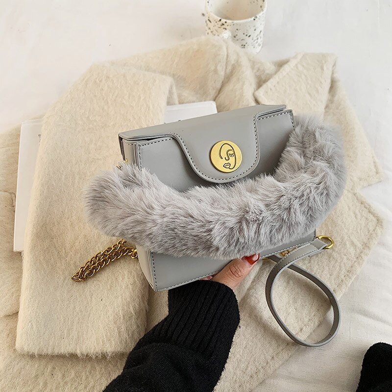 Miękki pluszowy zimowy uchwyt dużego ciężaru torba modny projektant kobiet torba na ramię wysoki sens łańcucha torba typu posłaniec rozrywka pani kopertówka: Szary