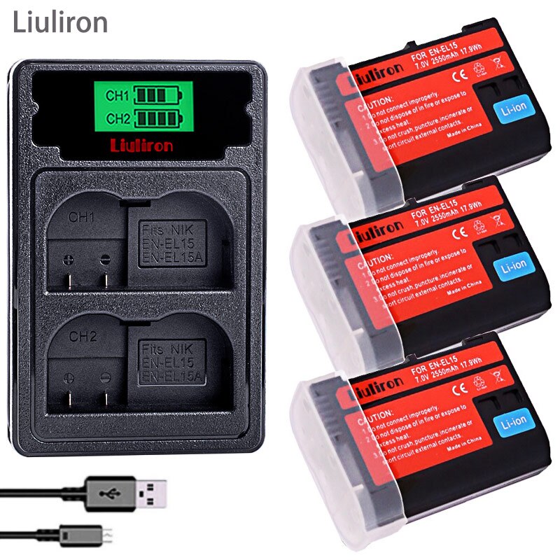 Batterie pour Nikon D500,D600,D610,D750,D7000,D7100,D7200,D800,D800E,D810,D810A v1, 2X EN EL15 EN-EL15 EN EL 15 EN EL15A: charger and 3battery