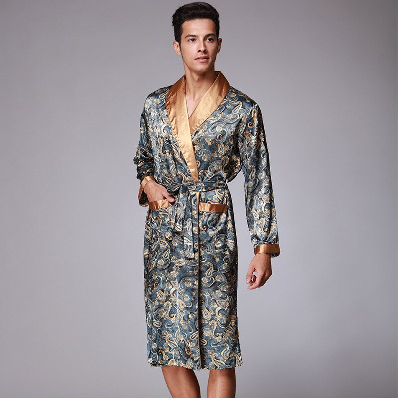 Summer Men Luxury Paisley Pattern Bathrobe Kimono Robes Faux Silk Male Sleepwear Nightwear Male Satin Bath Robe