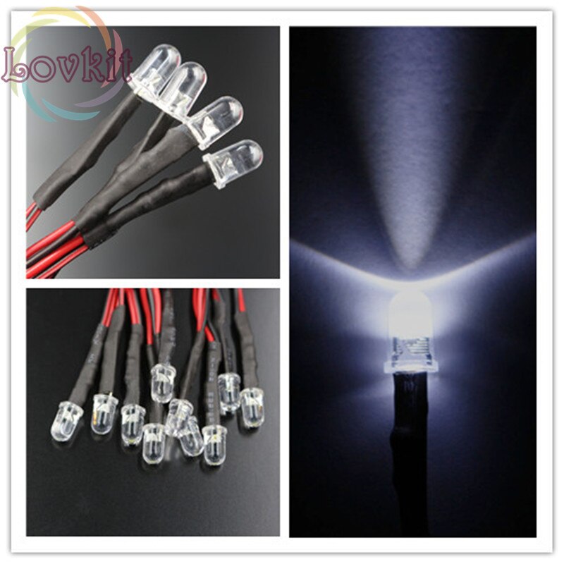 50pcs 5MM Round Top 12v Pre-Wired Resistor White LED 12V DC 20cm Emitting Diode DIY For car Lamp Retail