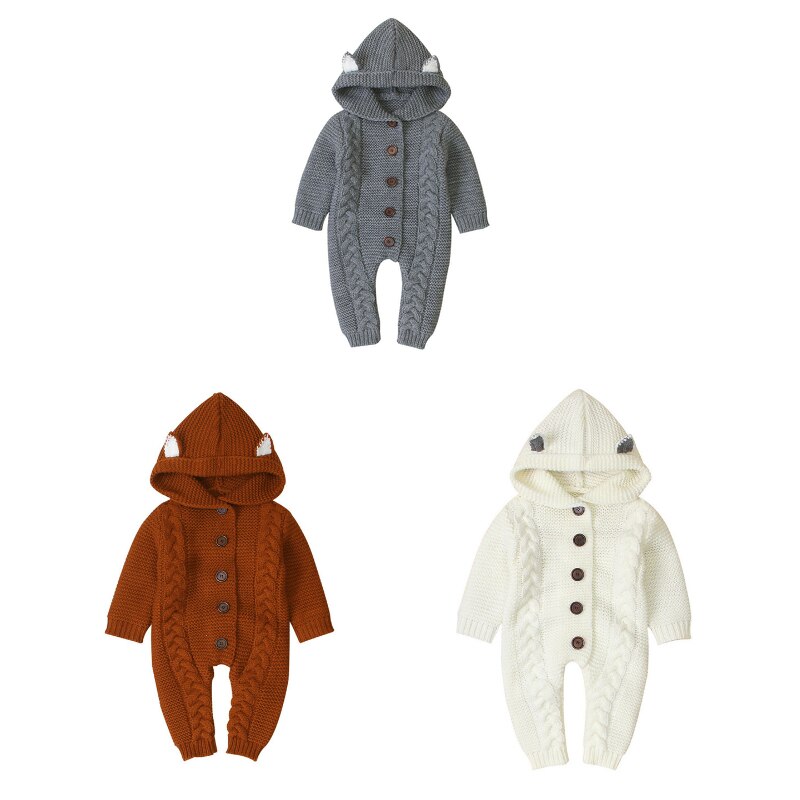 Barboteuse à capuche pour bébés filles et garçons 0-24M, combinaison chaude tricotée à capuche, manches longues, simple boutonnage